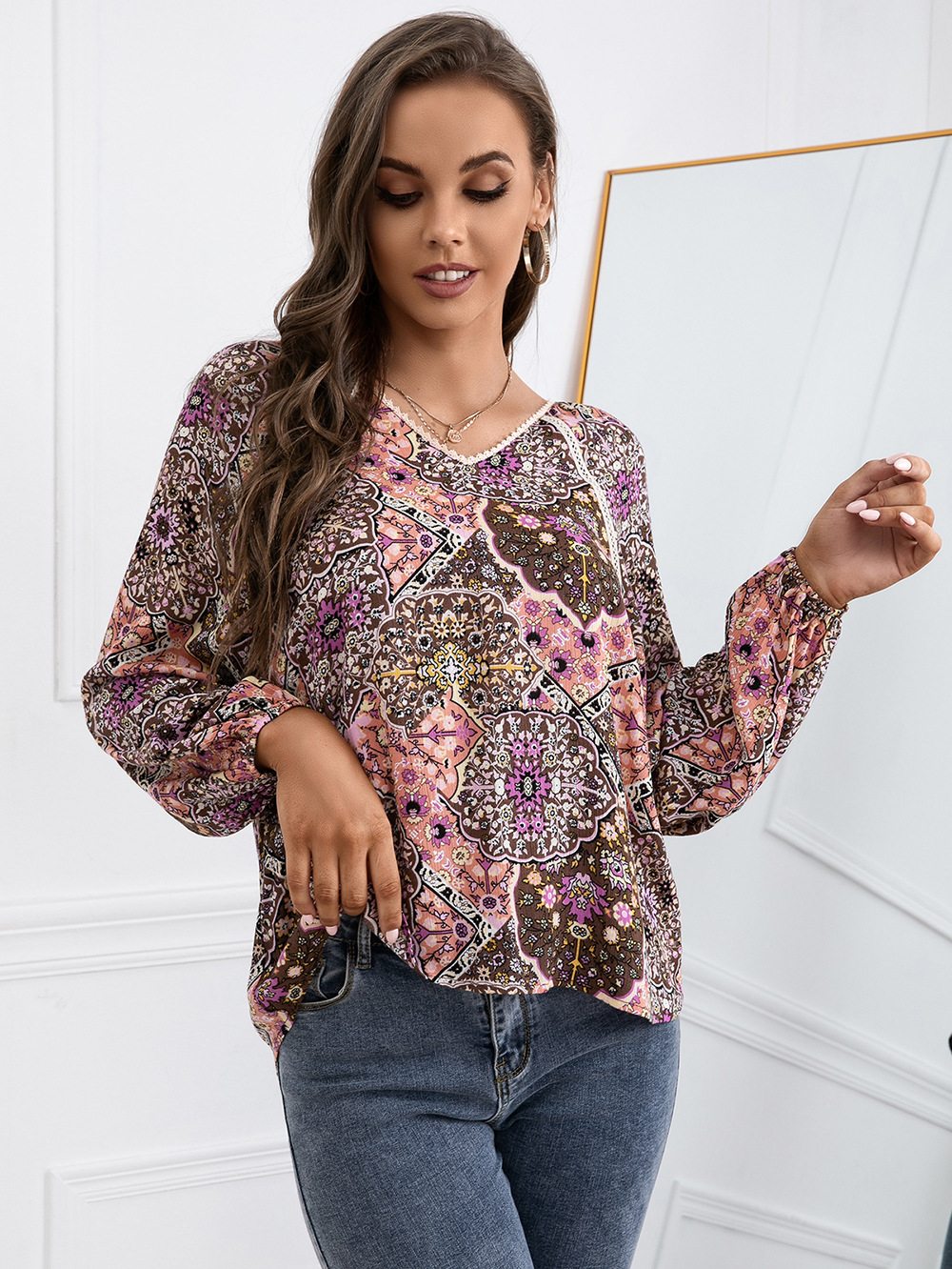 Title 4, Lace Patchwork Shirt Bohemian V-Neck Long Sleev...