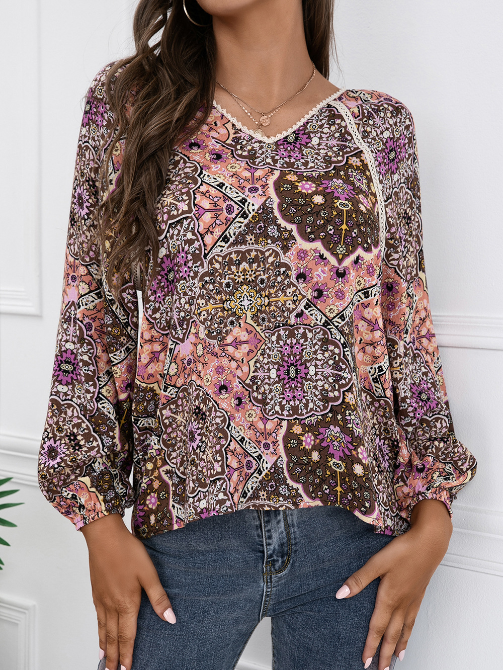 Title 5, Lace Patchwork Shirt Bohemian V-Neck Long Sleev...