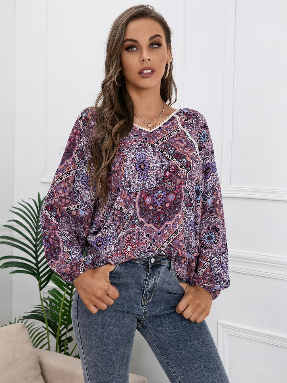 Title 10, Lace Patchwork Shirt Bohemian V-Neck Long Sleev...