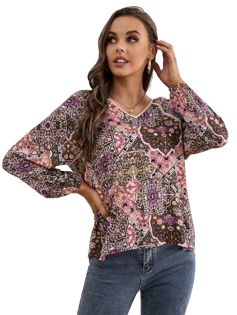 Title 12, Lace Patchwork Shirt Bohemian V-Neck Long Sleev...