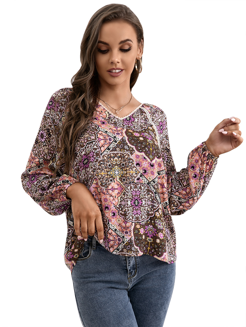 Title 14, Lace Patchwork Shirt Bohemian V-Neck Long Sleev...