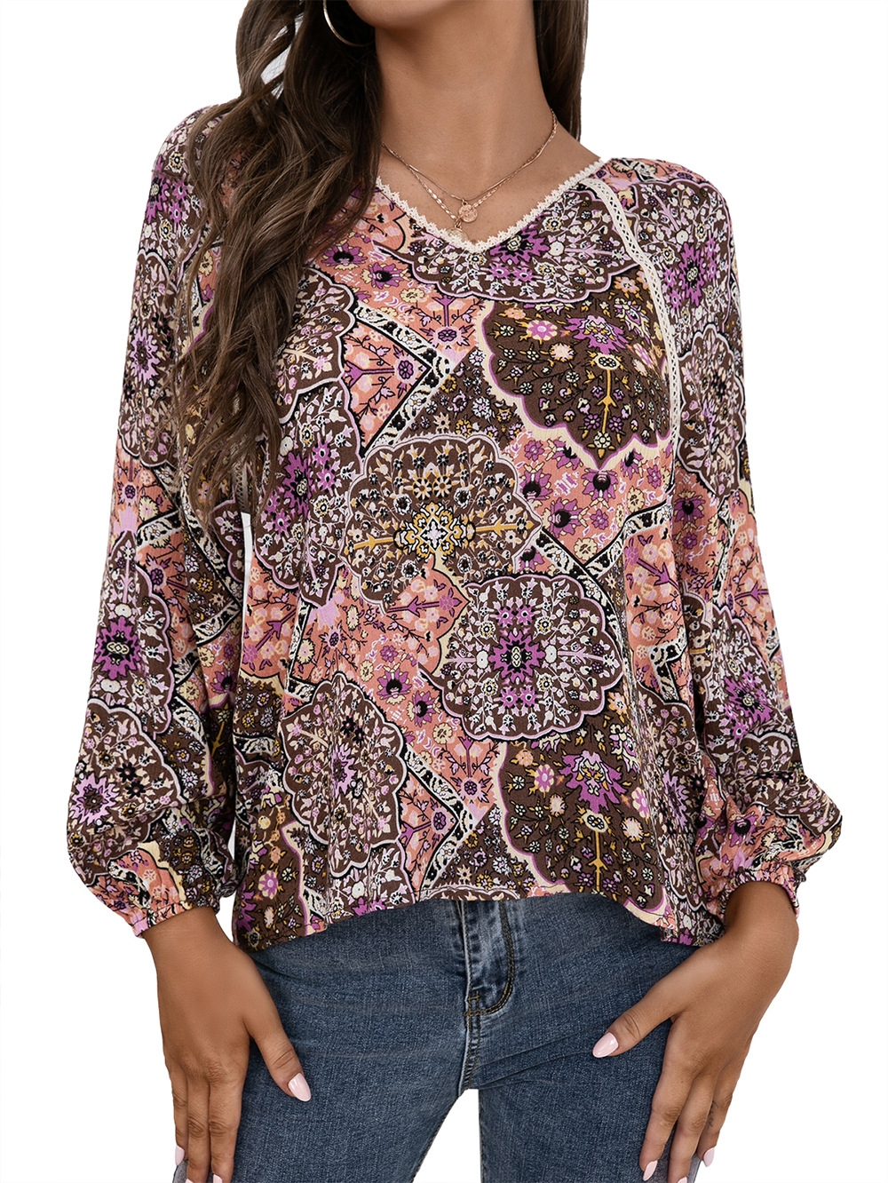 Title 15, Lace Patchwork Shirt Bohemian V-Neck Long Sleev...