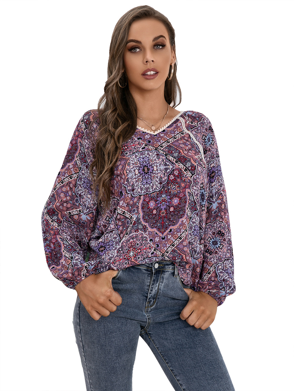 Title 19, Lace Patchwork Shirt Bohemian V-Neck Long Sleev...