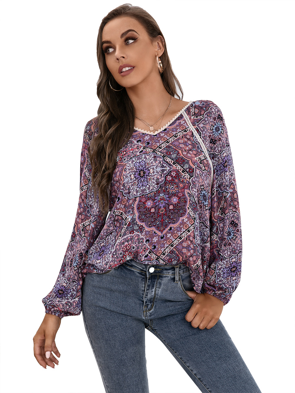 Title 20, Lace Patchwork Shirt Bohemian V-Neck Long Sleev...