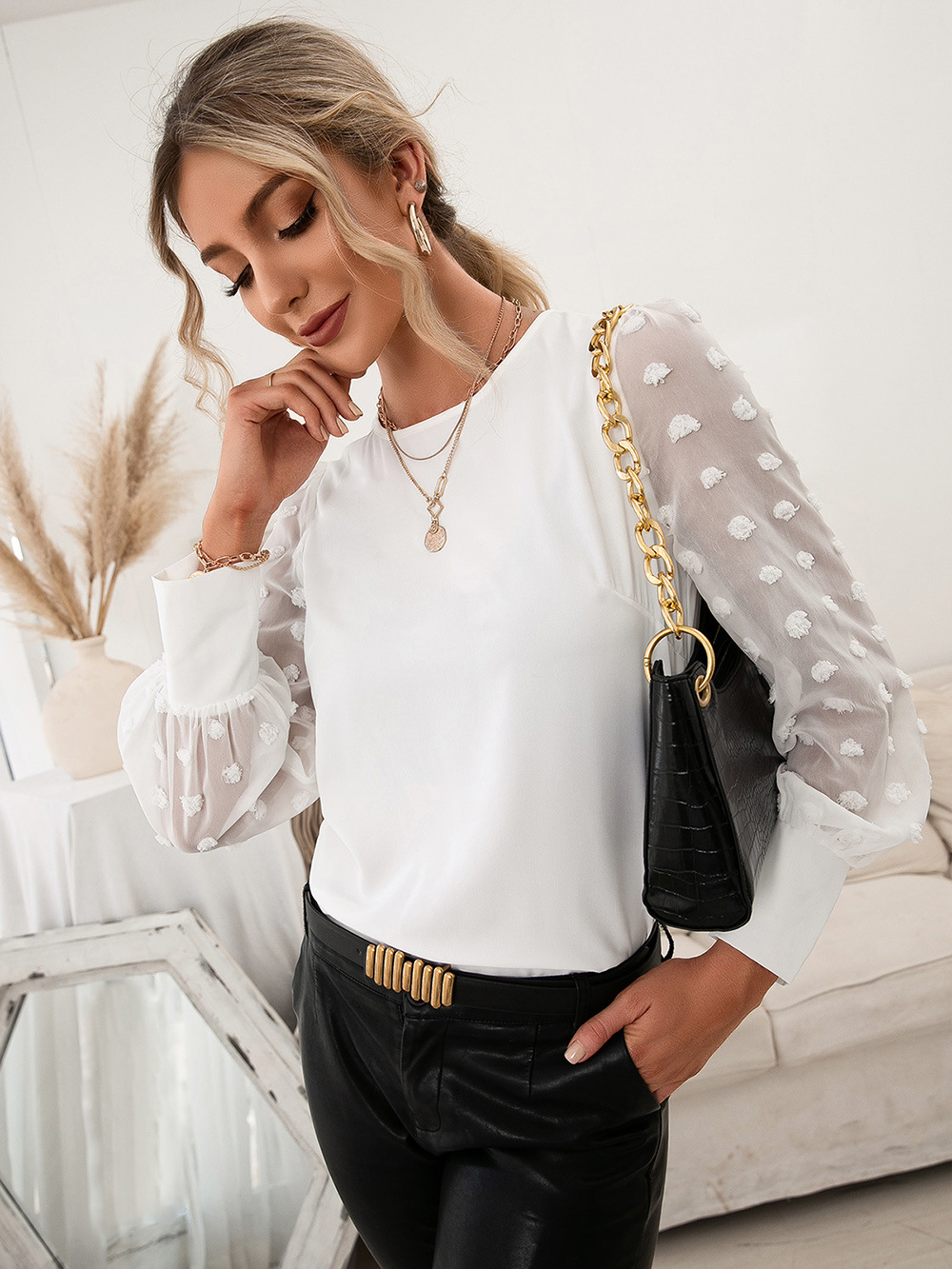 Title 3, Round Neck Solid Jacquard Polka Dot Long Sleeve...