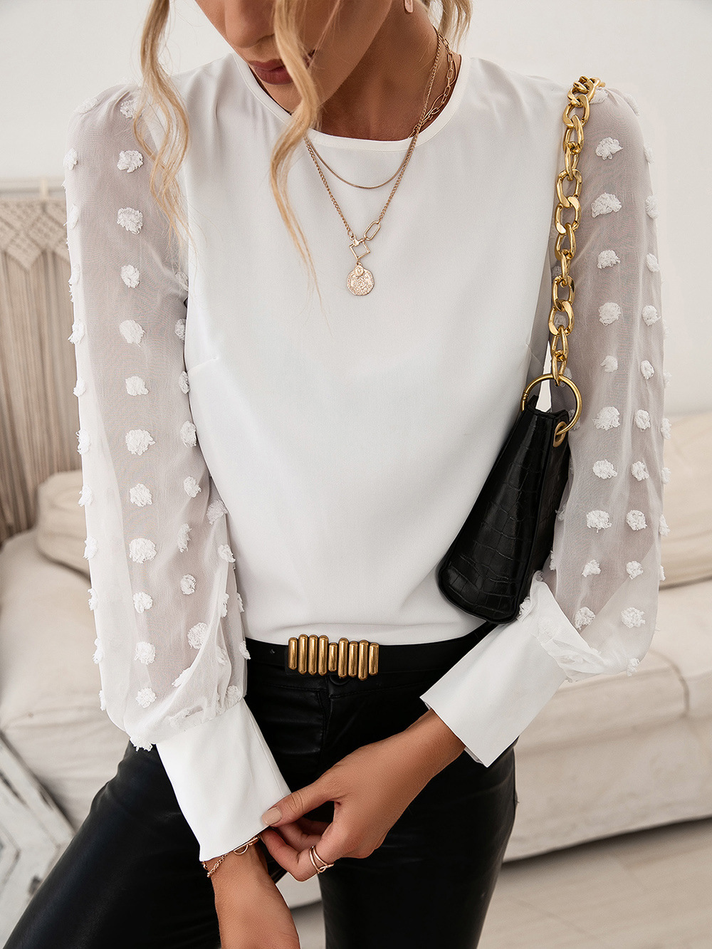 Title 4, Round Neck Solid Jacquard Polka Dot Long Sleeve...