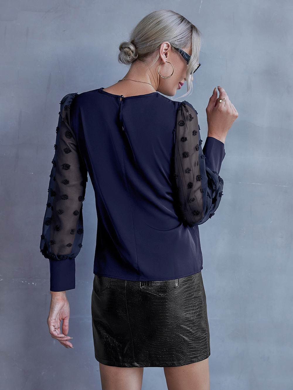 Title 11, Round Neck Solid Jacquard Polka Dot Long Sleeve...