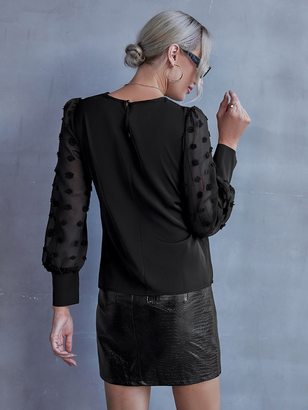 Title 16, Round Neck Solid Jacquard Polka Dot Long Sleeve...