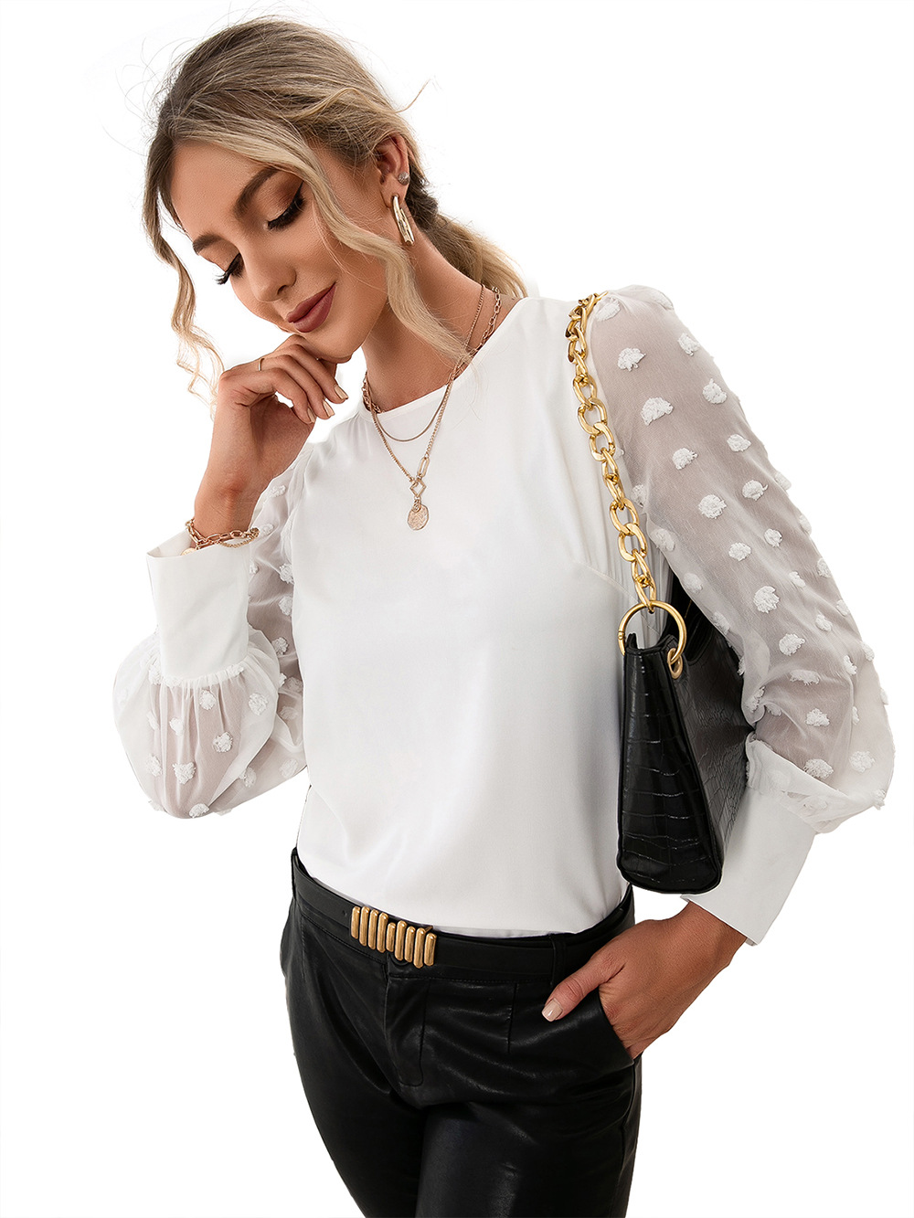 Title 18, Round Neck Solid Jacquard Polka Dot Long Sleeve...