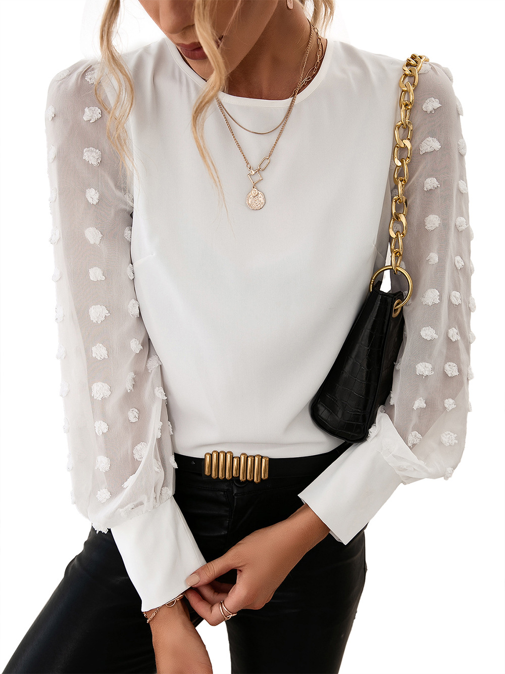 Title 19, Round Neck Solid Jacquard Polka Dot Long Sleeve...