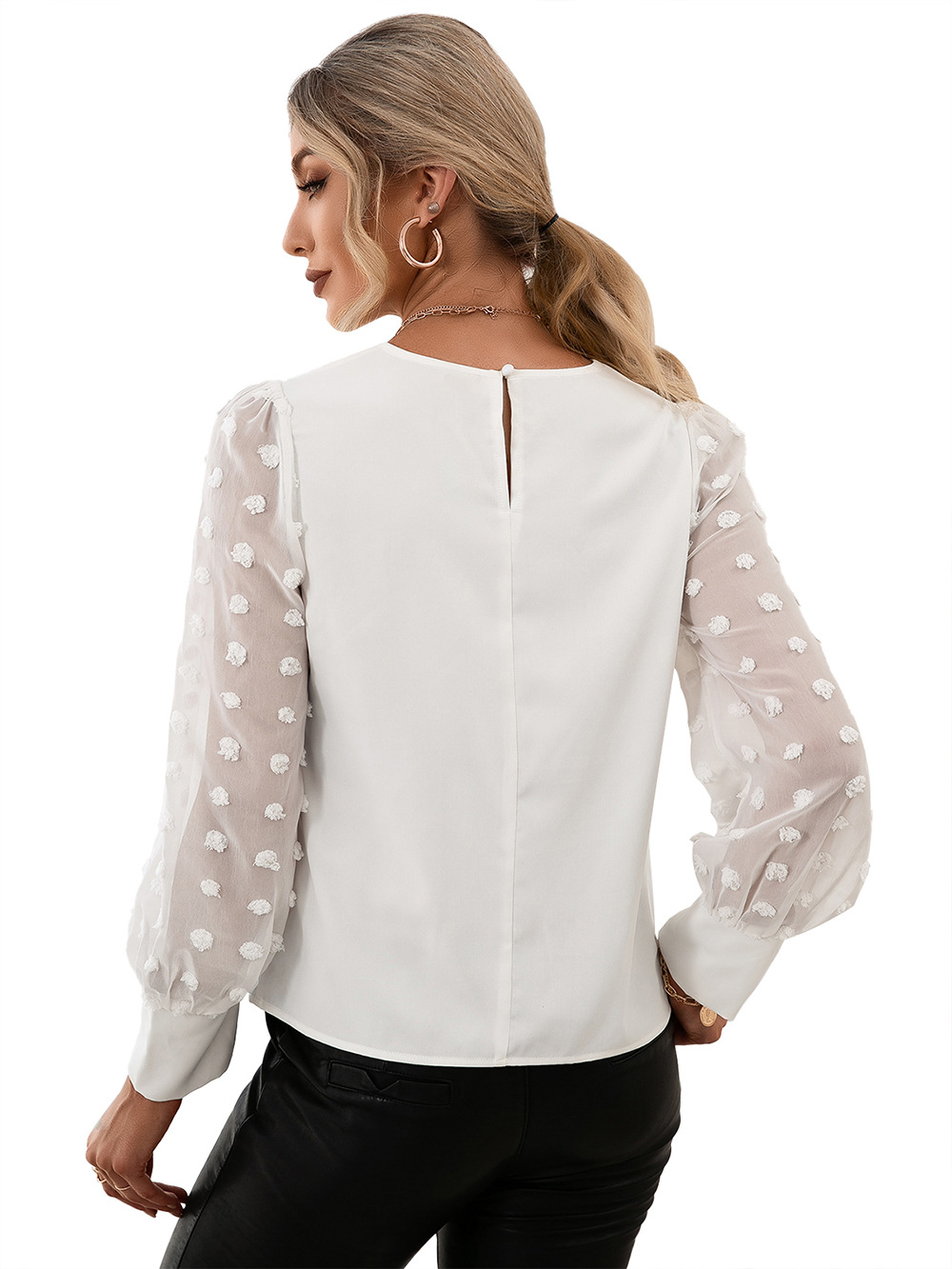 Title 21, Round Neck Solid Jacquard Polka Dot Long Sleeve...