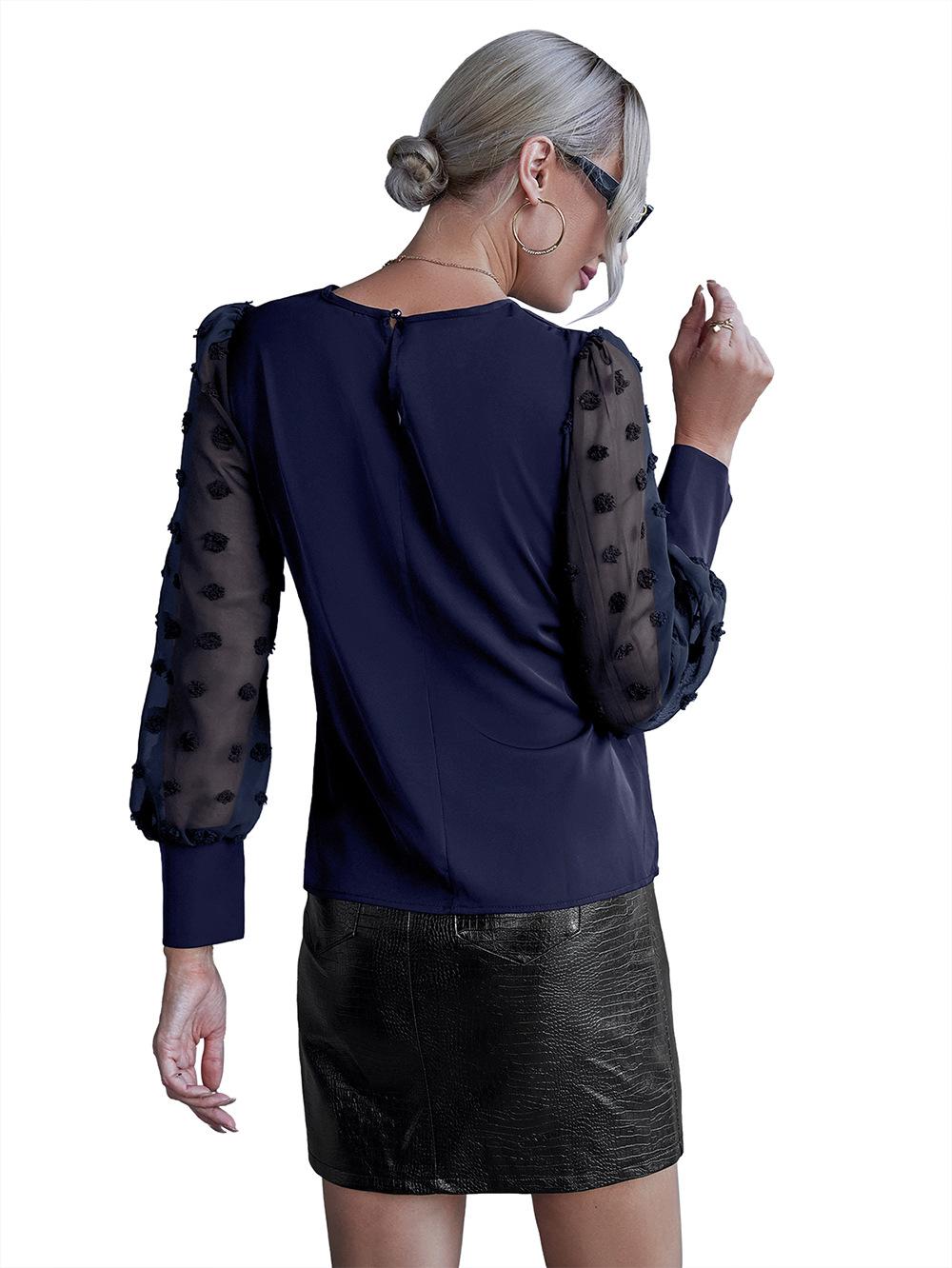 Title 25, Round Neck Solid Jacquard Polka Dot Long Sleeve...