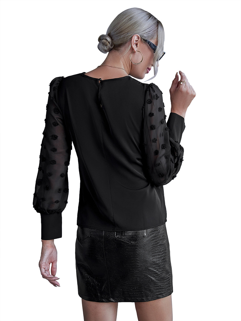 Title 29, Round Neck Solid Jacquard Polka Dot Long Sleeve...