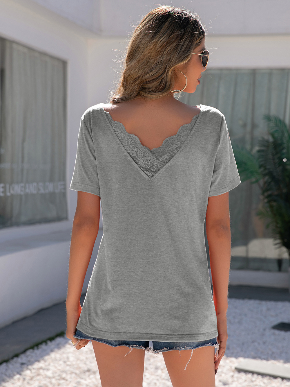 Title 3, Casual Lace Panel V-Neck Short Sleeve T Shirt