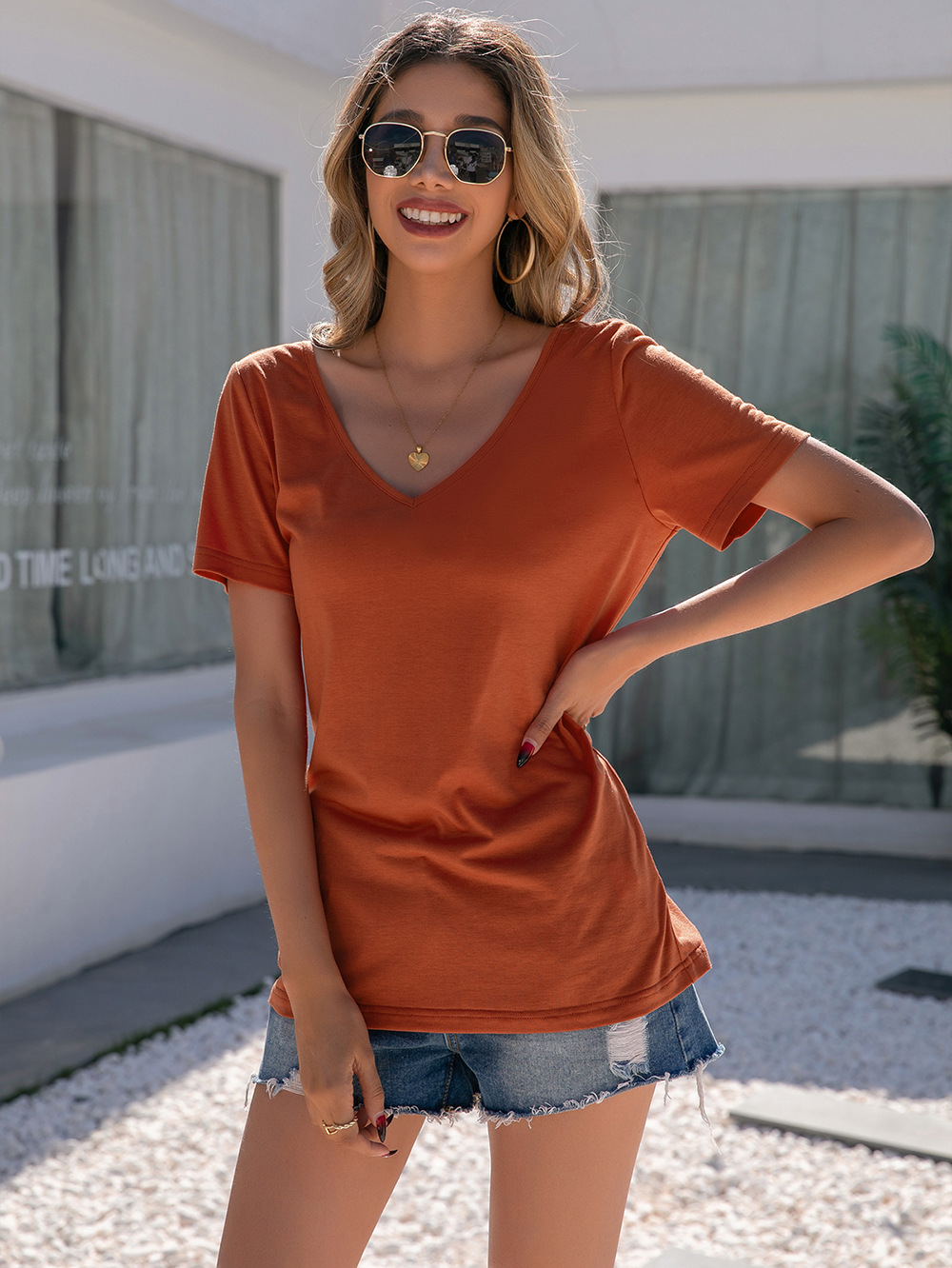 Title 10, Casual Lace Panel V-Neck Short Sleeve T Shirt