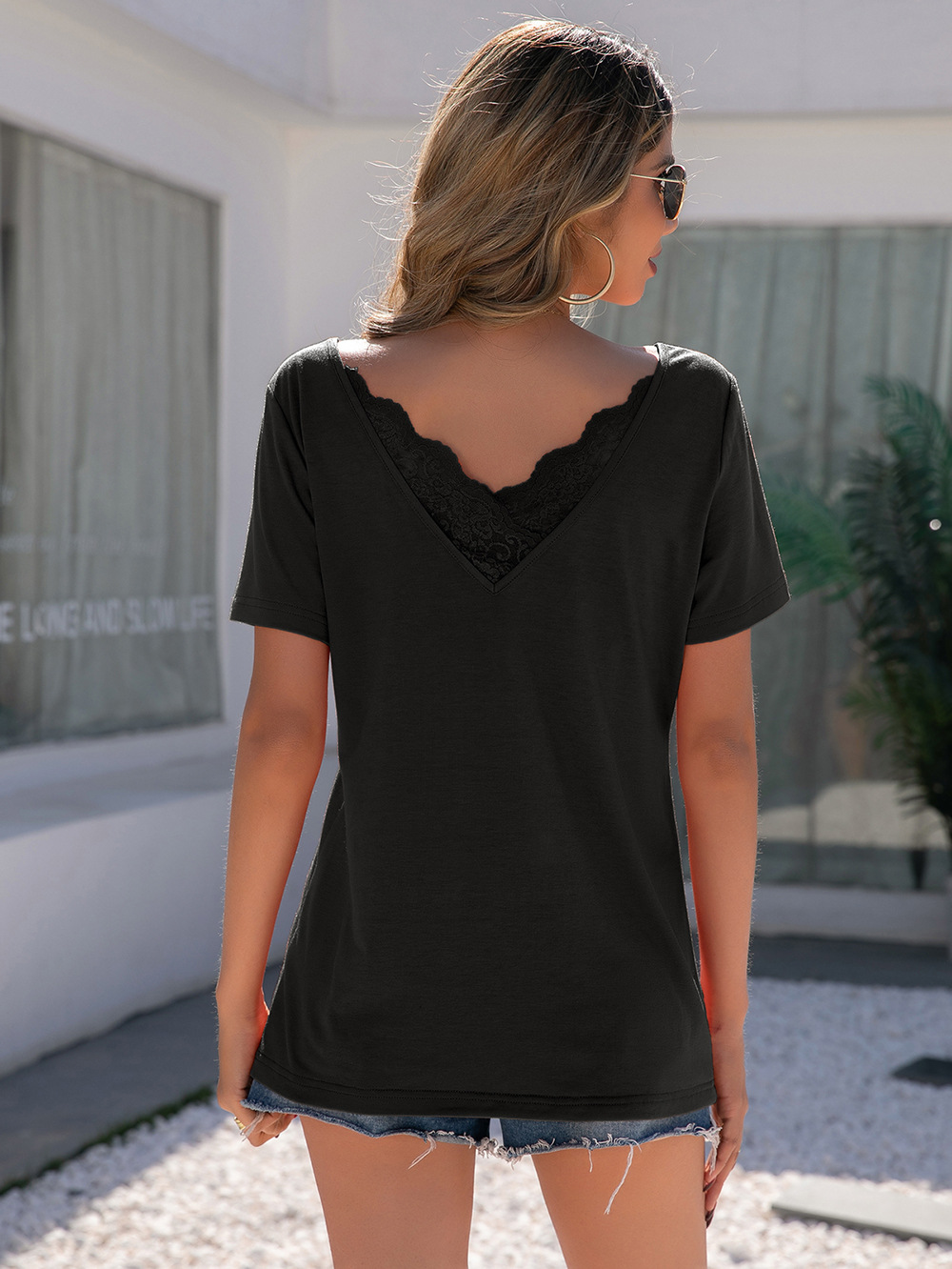 Title 14, Casual Lace Panel V-Neck Short Sleeve T Shirt