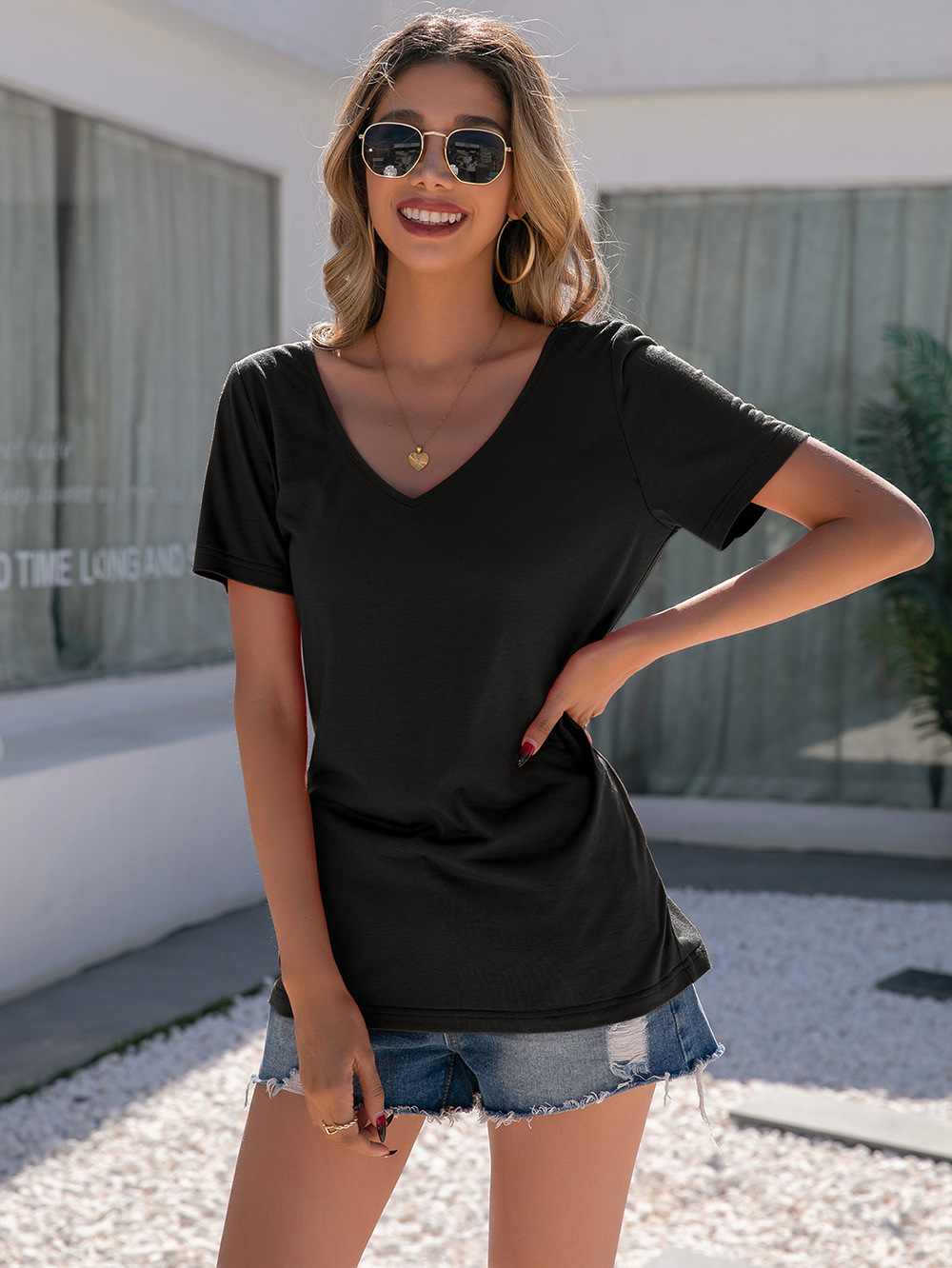 Title 15, Casual Lace Panel V-Neck Short Sleeve T Shirt