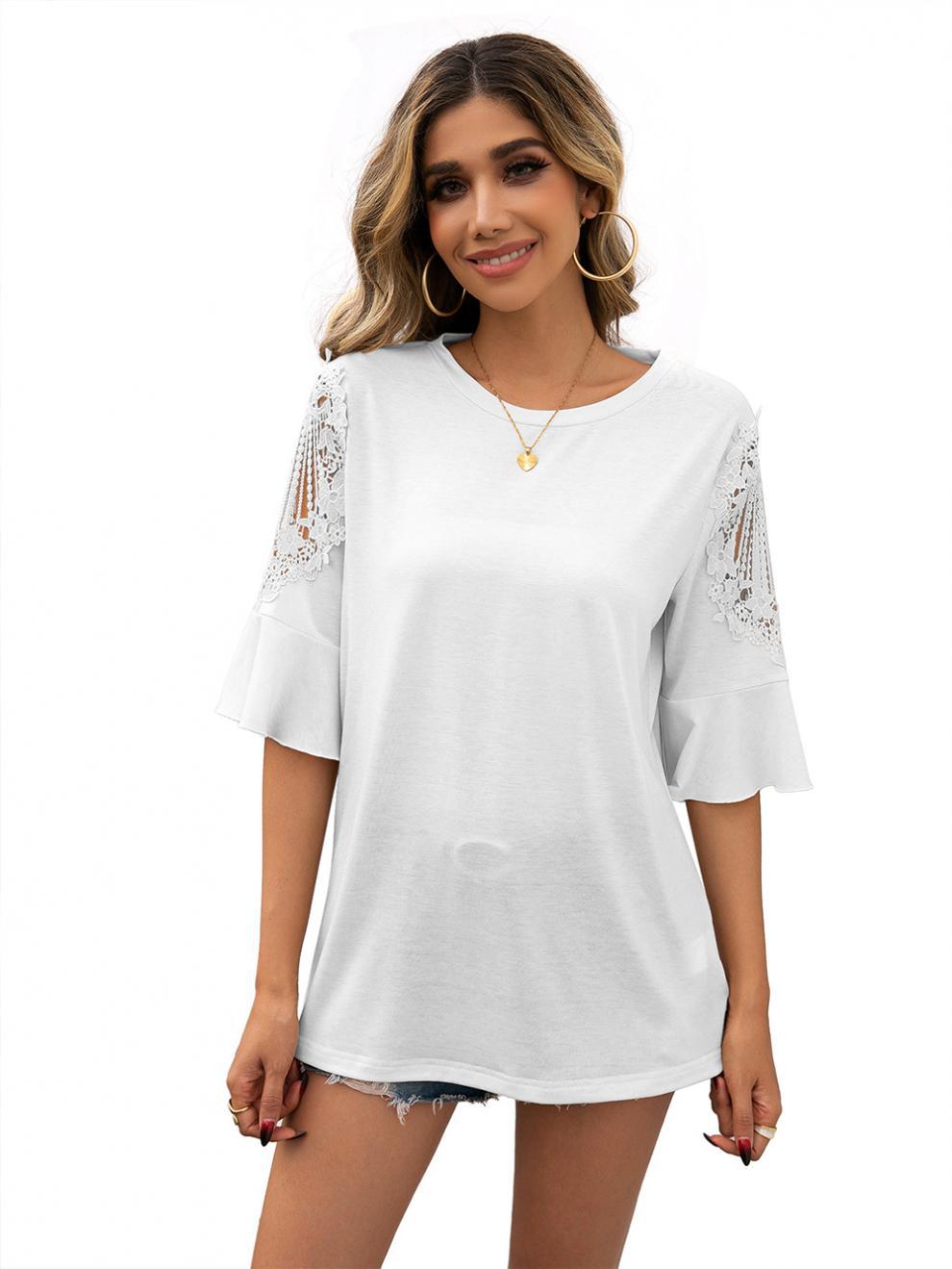 Title 25, Casual Crew Neck Lace Paneled Half Sleeve Shirt