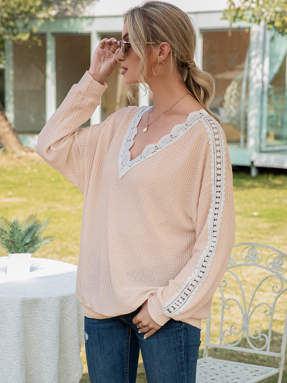 Title 4, Cutout Lace Panel Waffle V-Neck Fashion Blouse