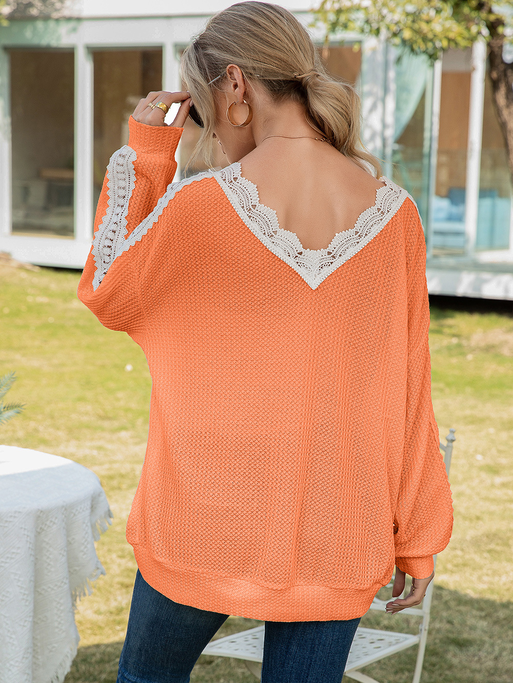 Title 8, Cutout Lace Panel Waffle V-Neck Fashion Blouse