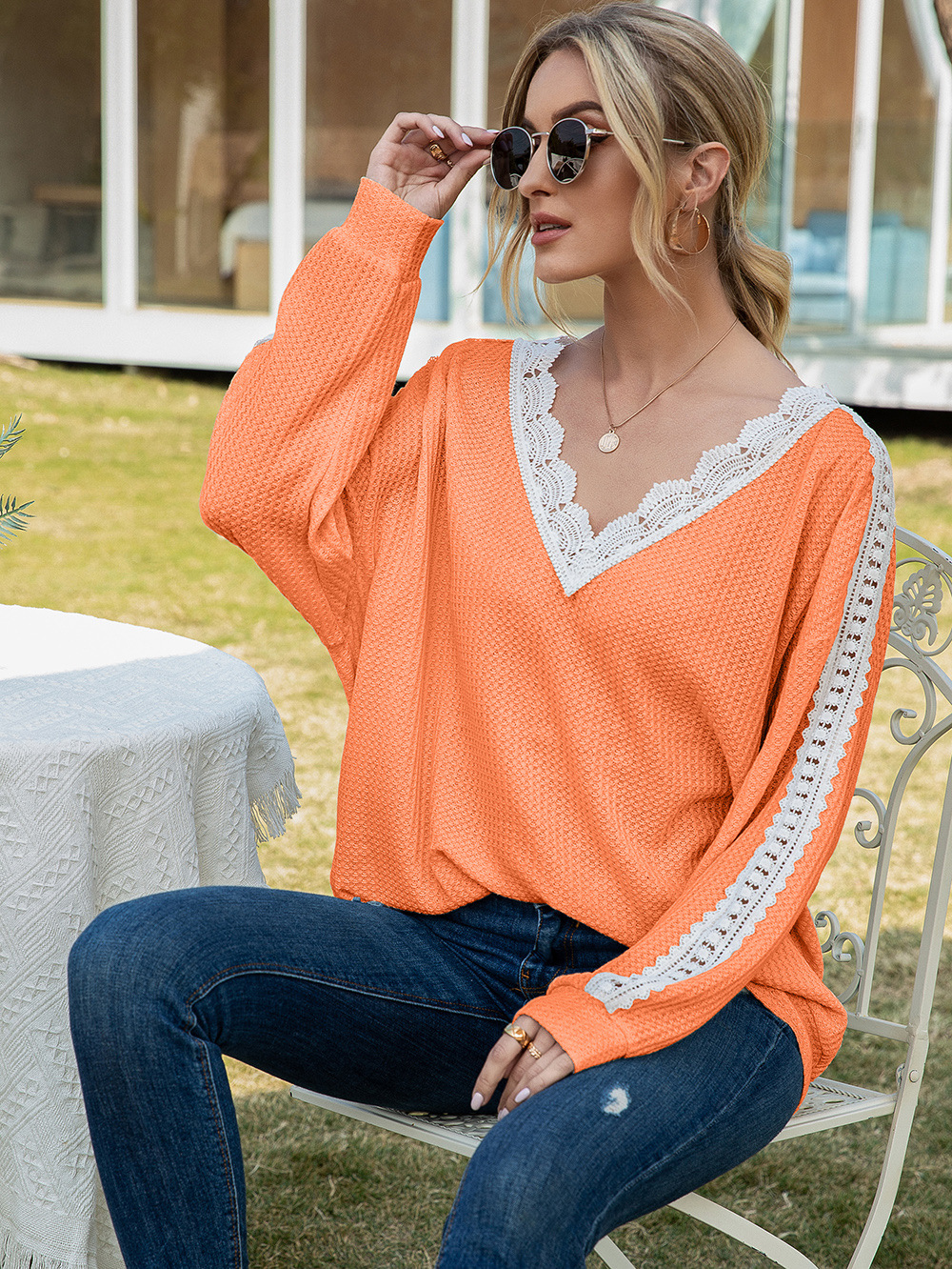 Title 11, Cutout Lace Panel Waffle V-Neck Fashion Blouse