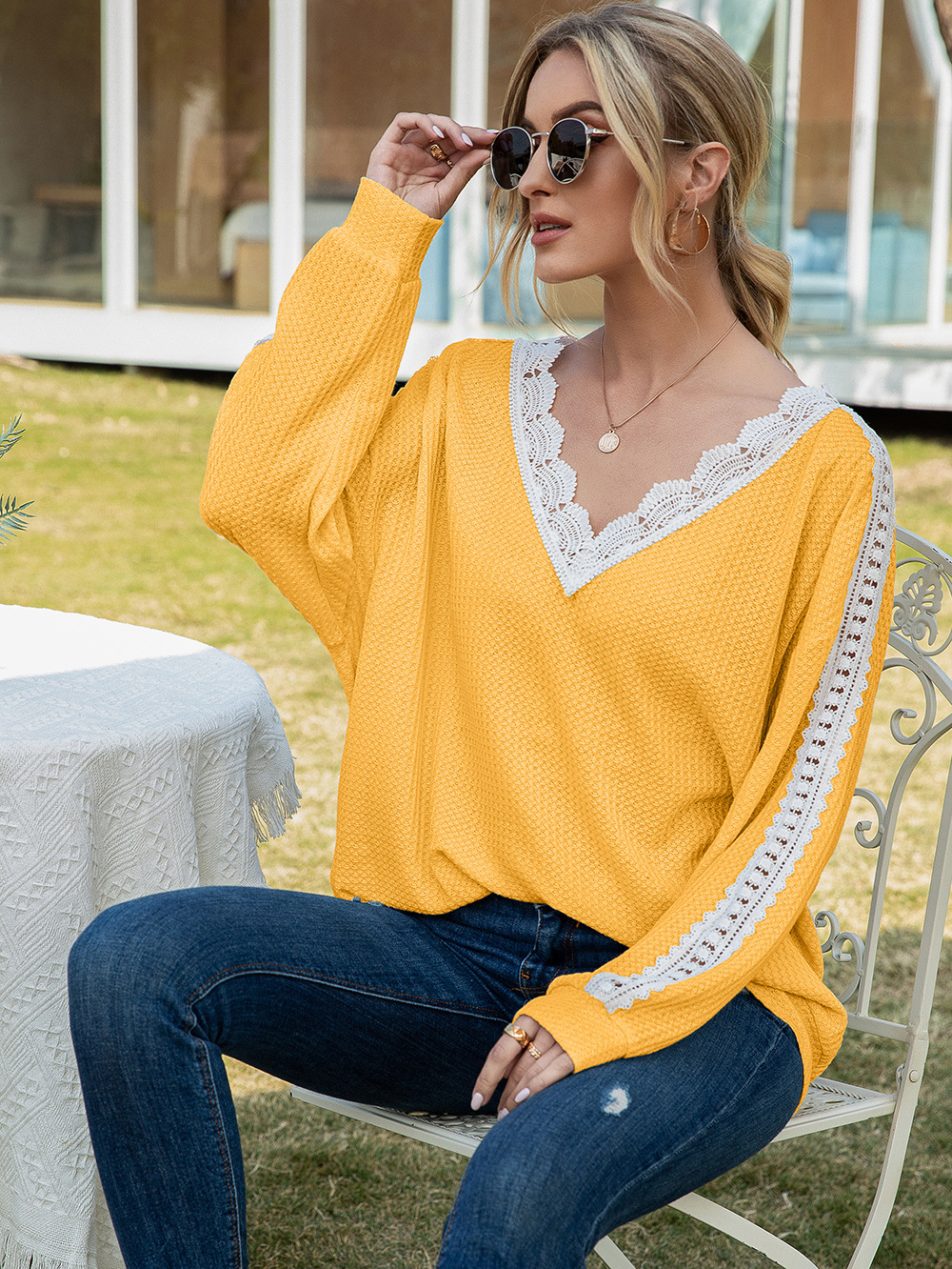 Title 12, Cutout Lace Panel Waffle V-Neck Fashion Blouse