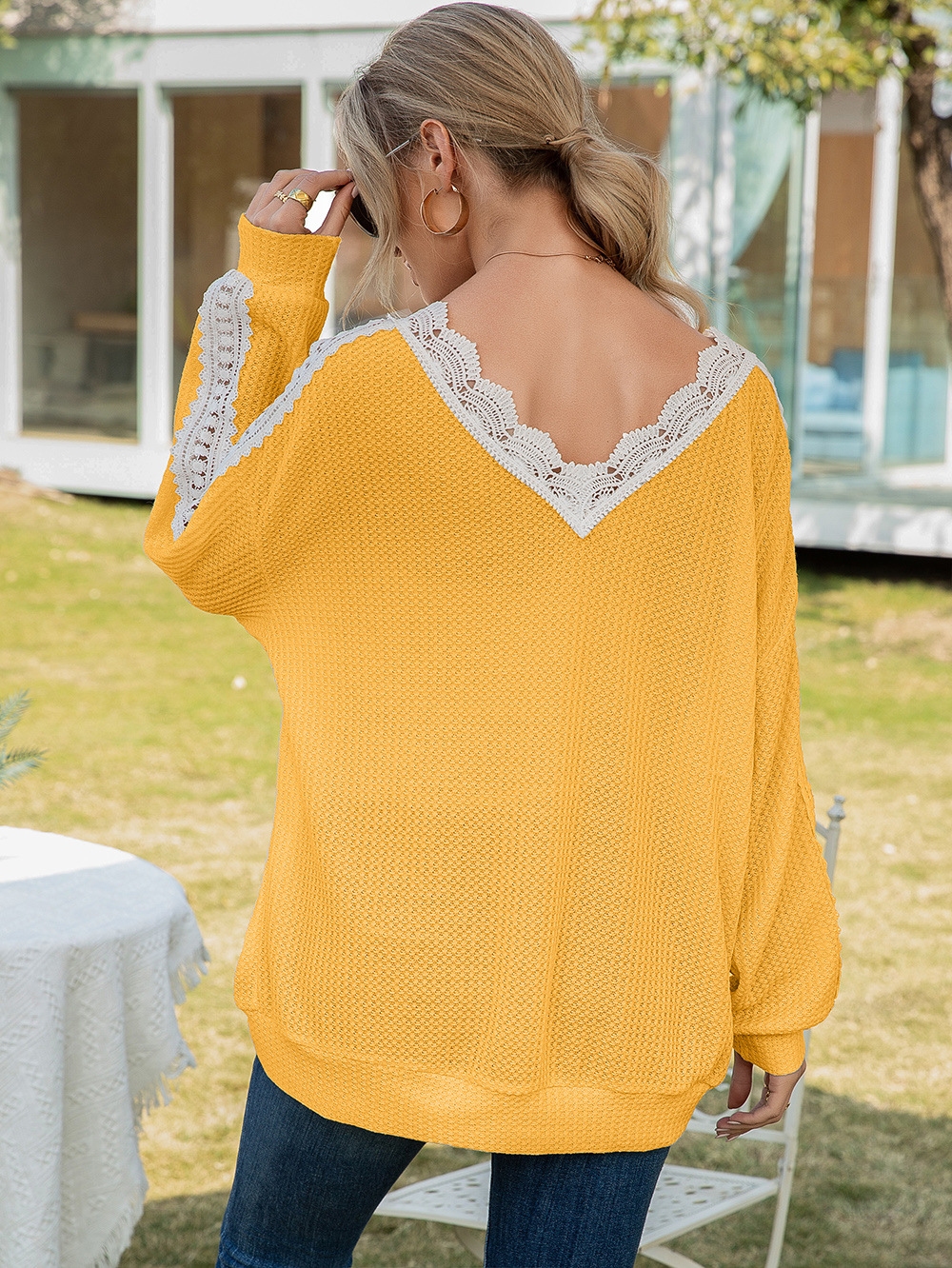 Title 13, Cutout Lace Panel Waffle V-Neck Fashion Blouse