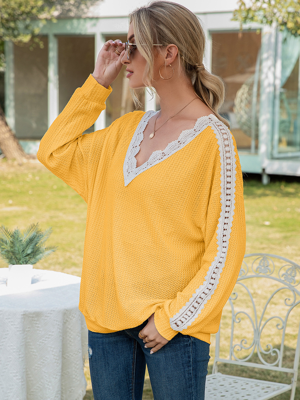 Title 14, Cutout Lace Panel Waffle V-Neck Fashion Blouse