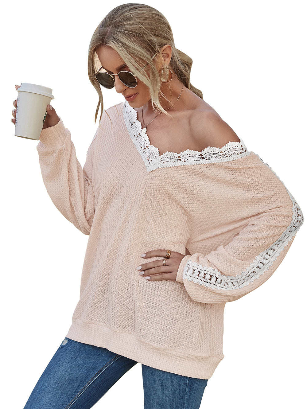 Title 22, Cutout Lace Panel Waffle V-Neck Fashion Blouse