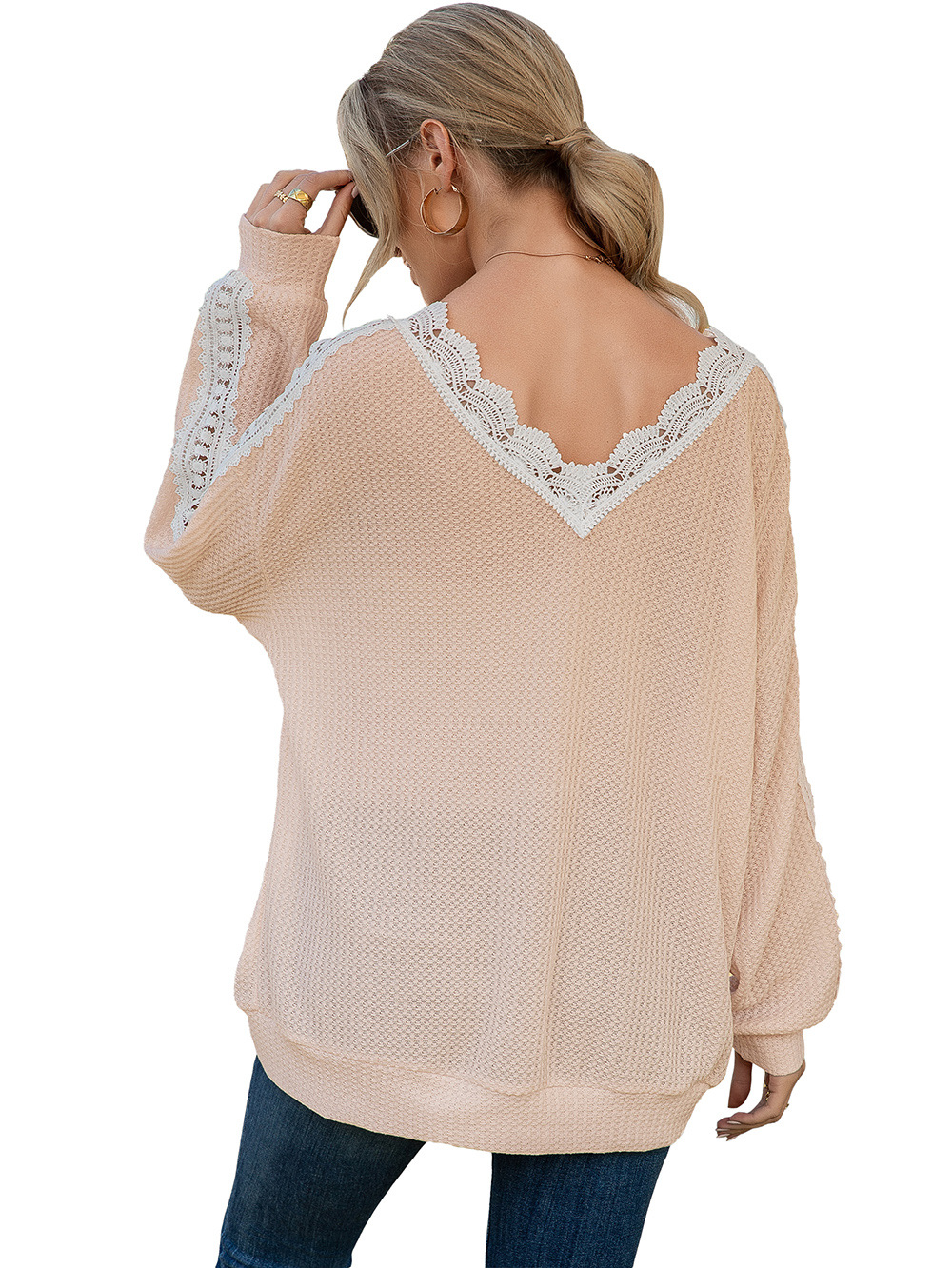 Title 23, Cutout Lace Panel Waffle V-Neck Fashion Blouse