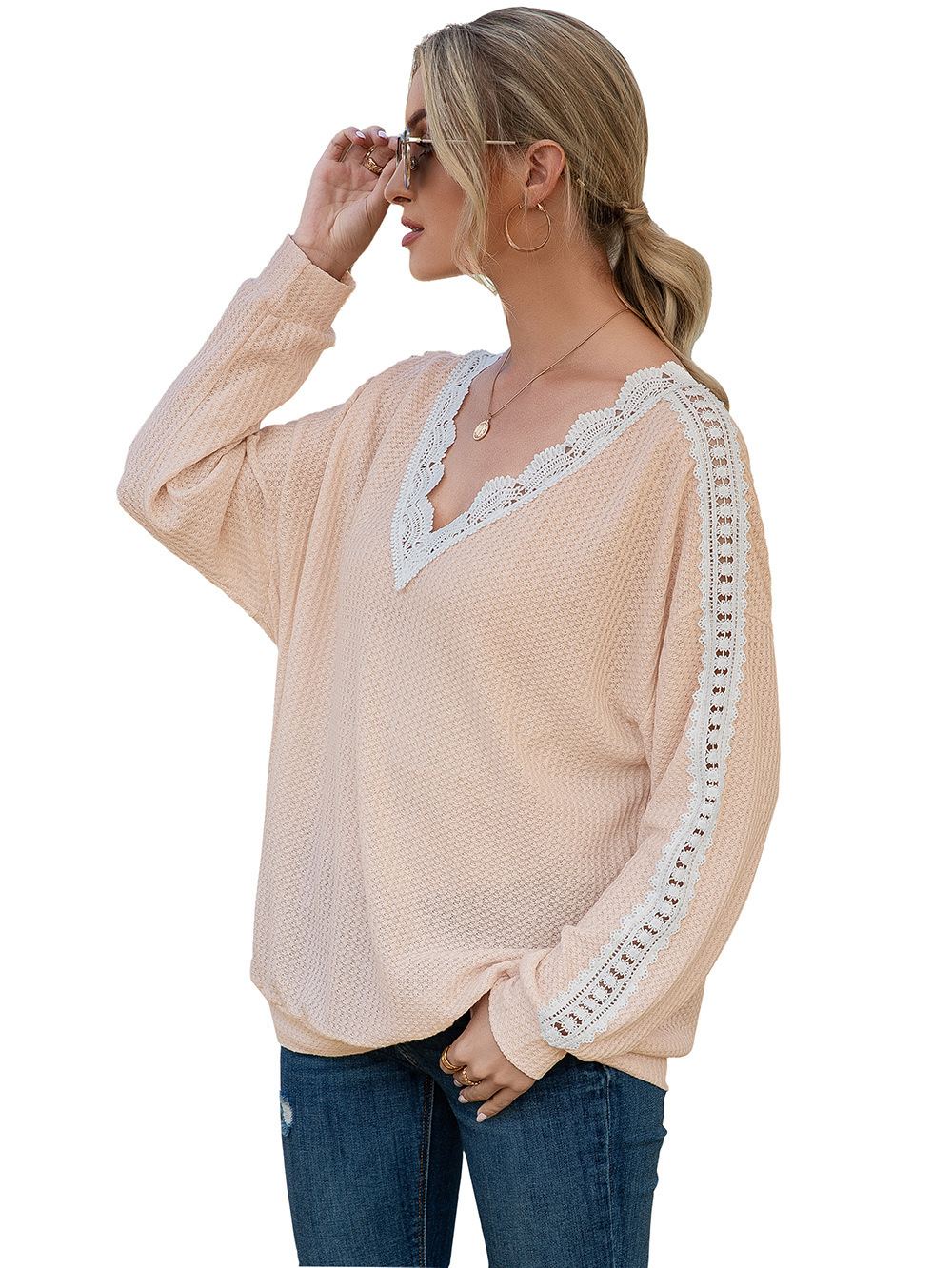 Title 24, Cutout Lace Panel Waffle V-Neck Fashion Blouse