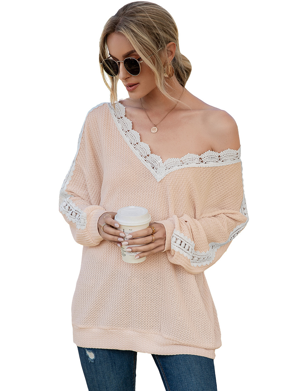 Title 25, Cutout Lace Panel Waffle V-Neck Fashion Blouse