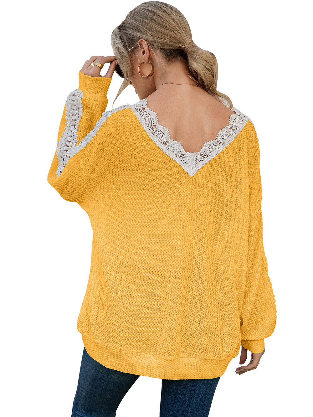 Title 27, Cutout Lace Panel Waffle V-Neck Fashion Blouse