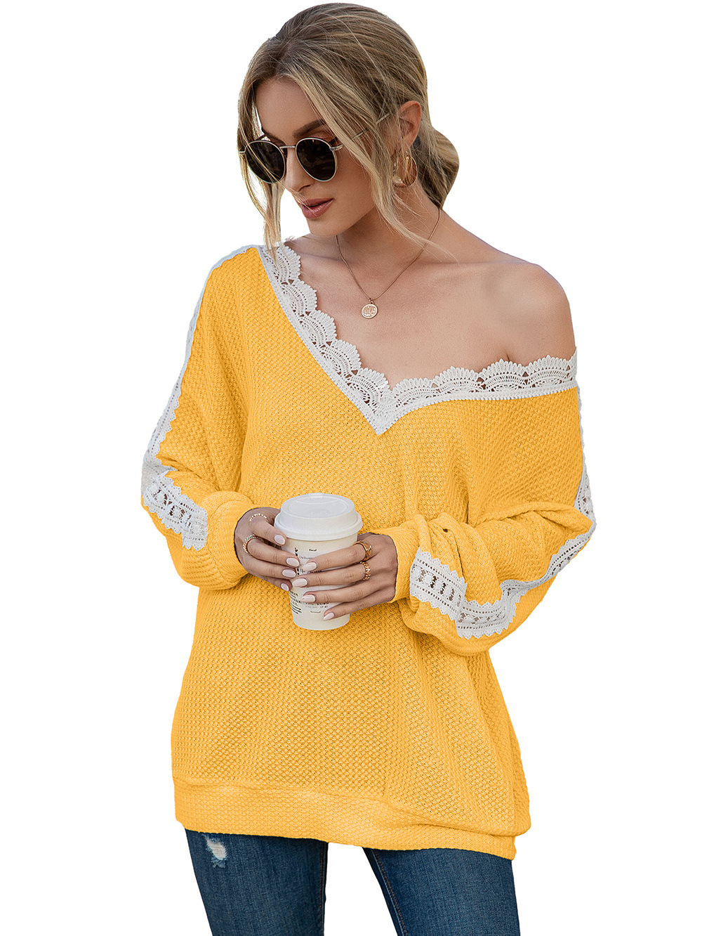 Title 29, Cutout Lace Panel Waffle V-Neck Fashion Blouse