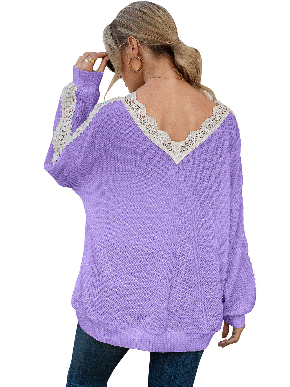 Title 31, Cutout Lace Panel Waffle V-Neck Fashion Blouse