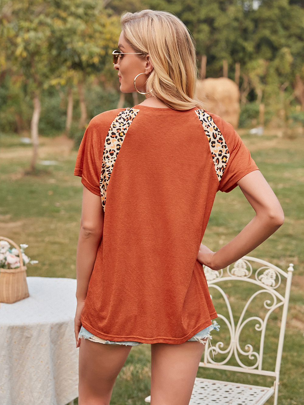 Title 2, Leopard Print Stitching Crew Neck Short Sleeve ...