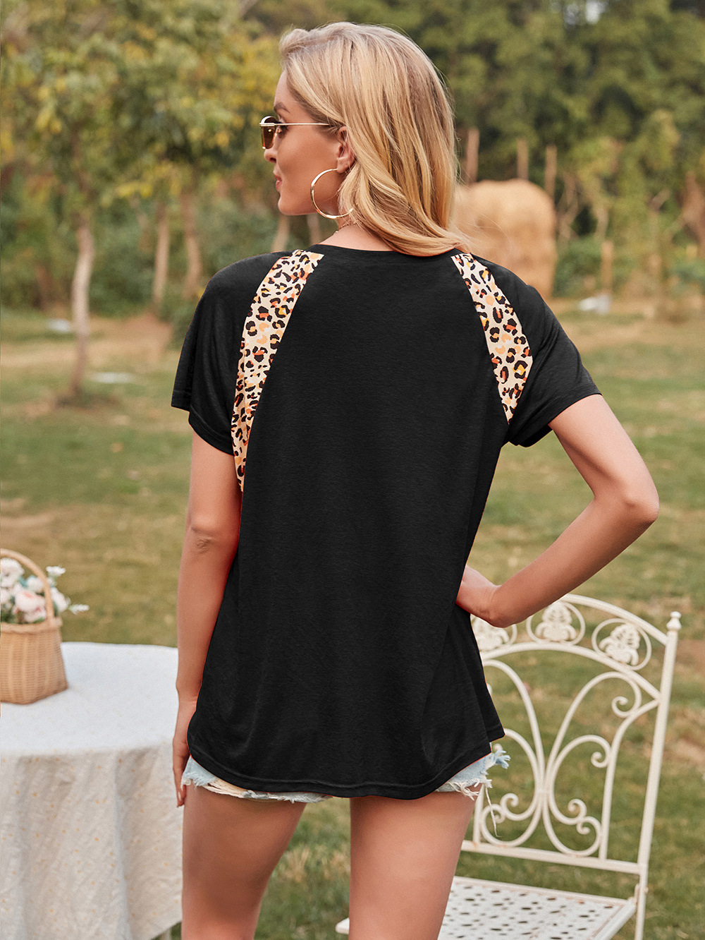 Title 7, Leopard Print Stitching Crew Neck Short Sleeve ...