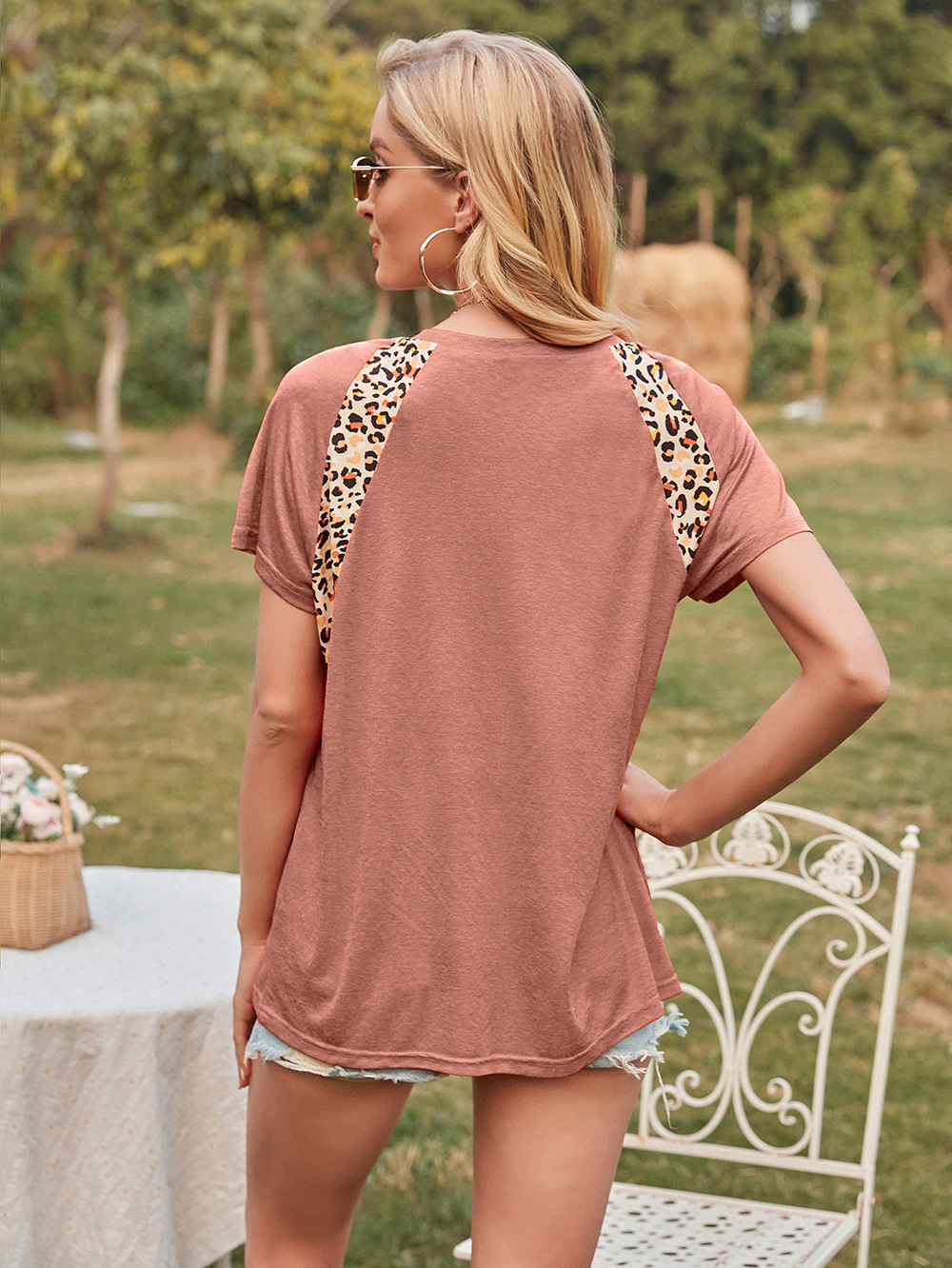 Title 12, Leopard Print Stitching Crew Neck Short Sleeve ...