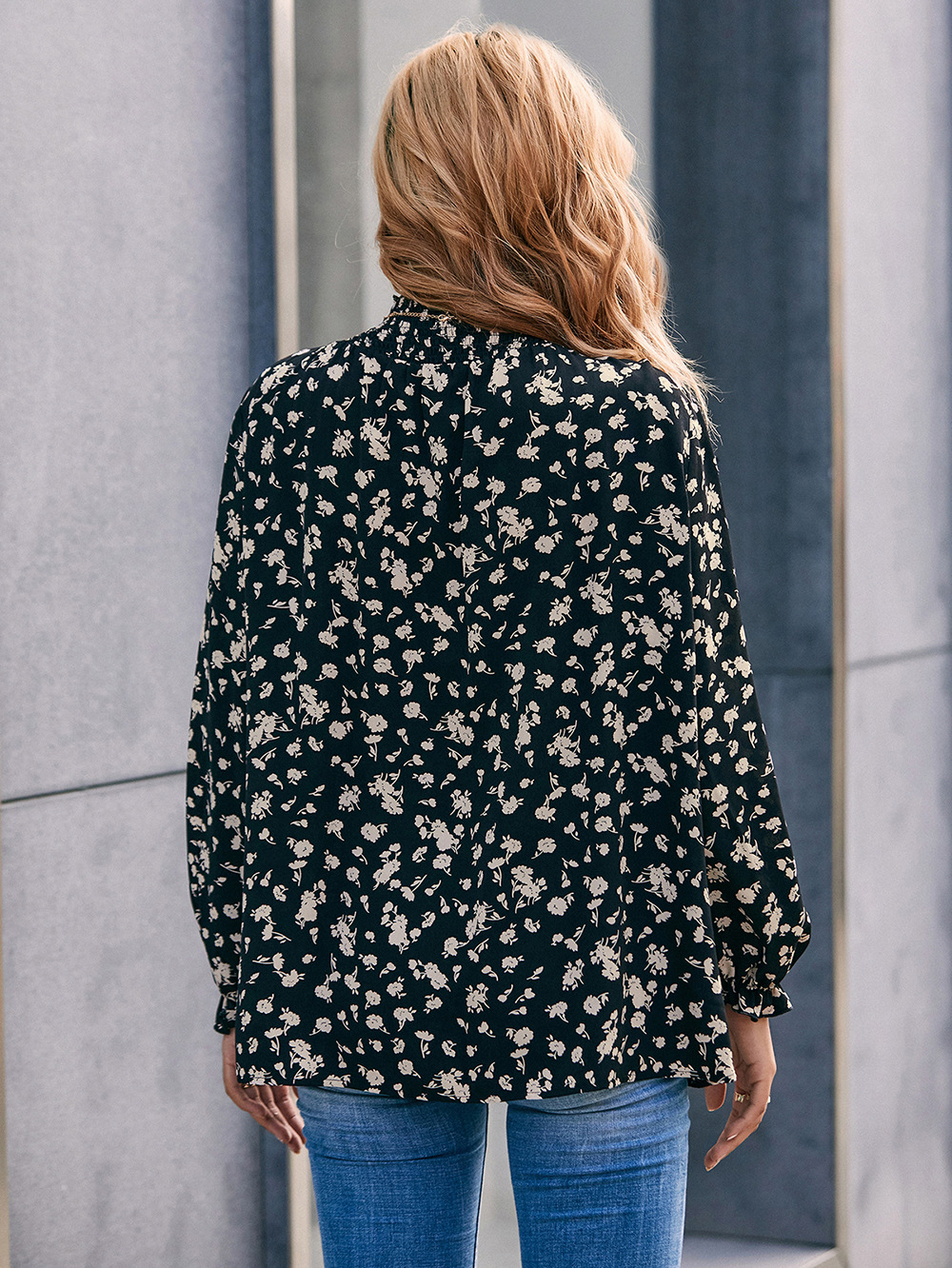 Title 3, High Neck Ruffle Sleeve Floral Sleeve Shirt