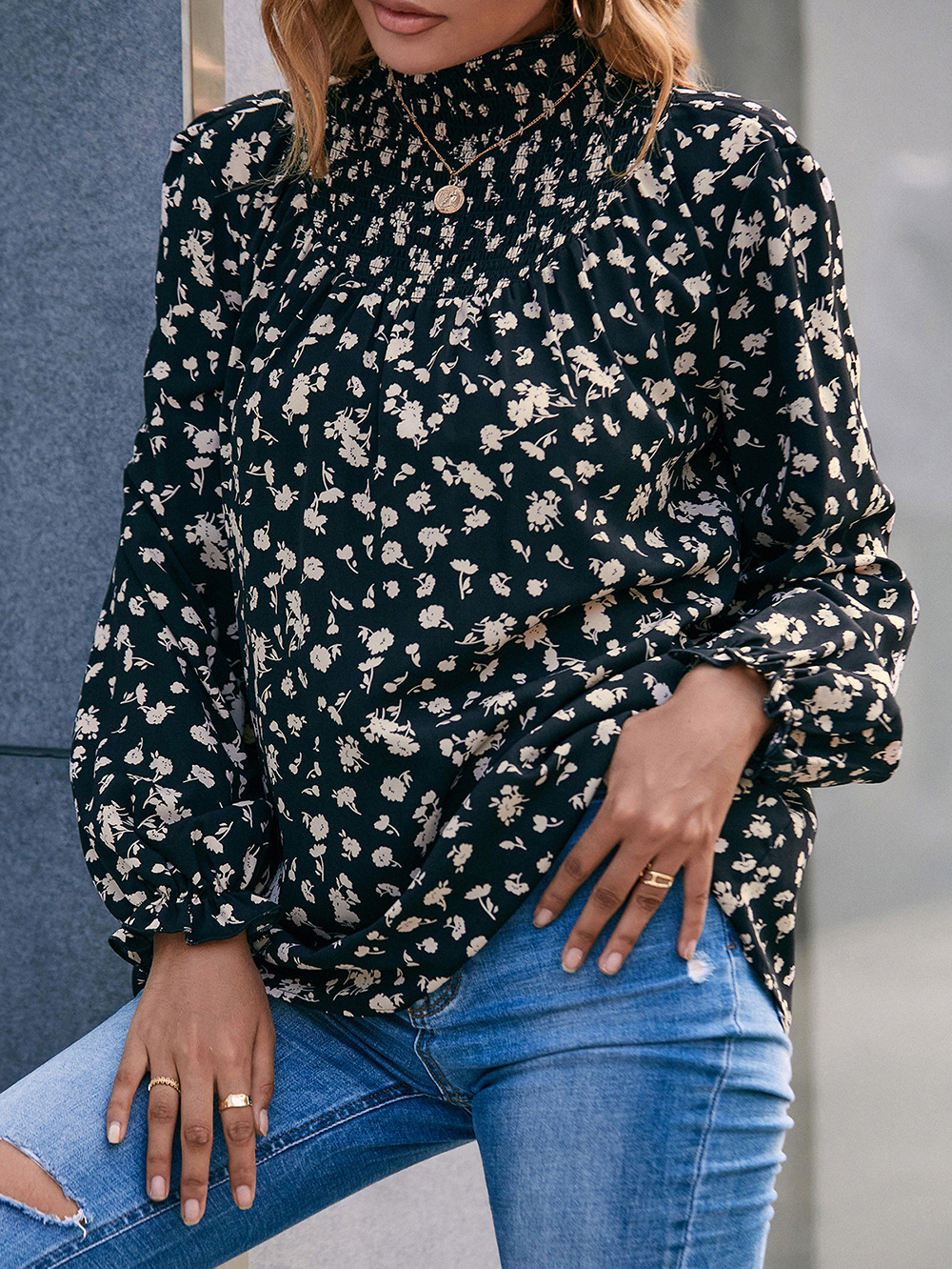 Title 4, High Neck Ruffle Sleeve Floral Sleeve Shirt