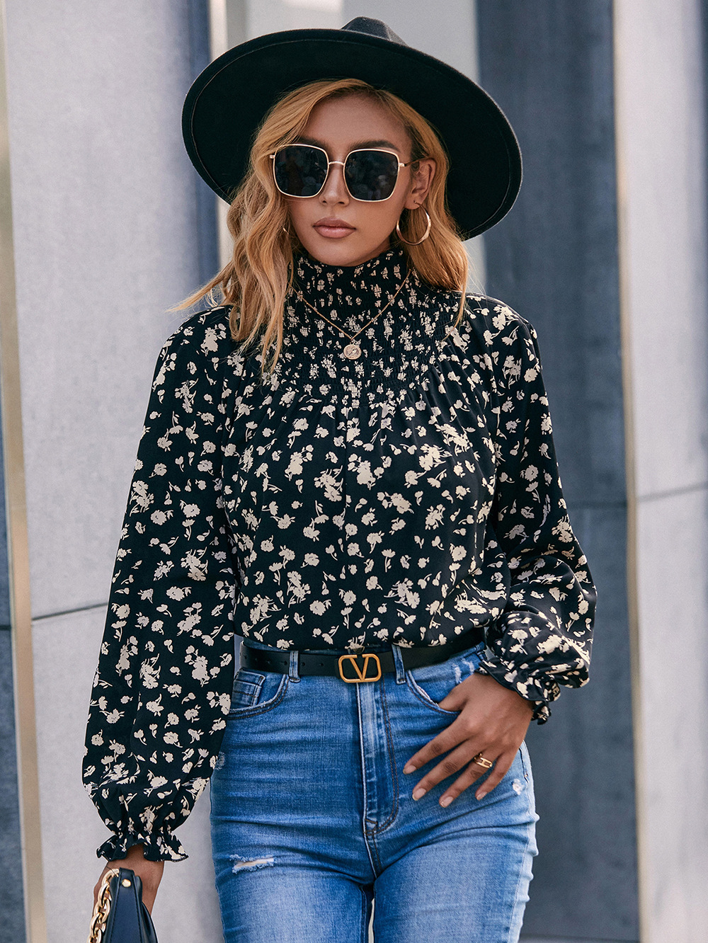 Title 5, High Neck Ruffle Sleeve Floral Sleeve Shirt