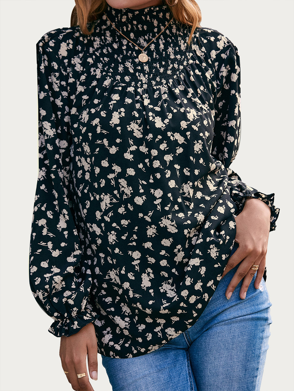 Title 7, High Neck Ruffle Sleeve Floral Sleeve Shirt