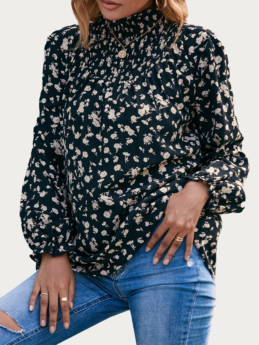 Title 9, High Neck Ruffle Sleeve Floral Sleeve Shirt