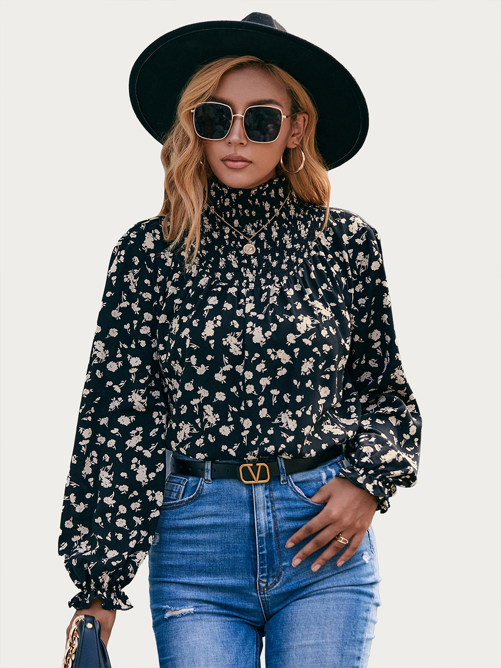 Title 10, High Neck Ruffle Sleeve Floral Sleeve Shirt