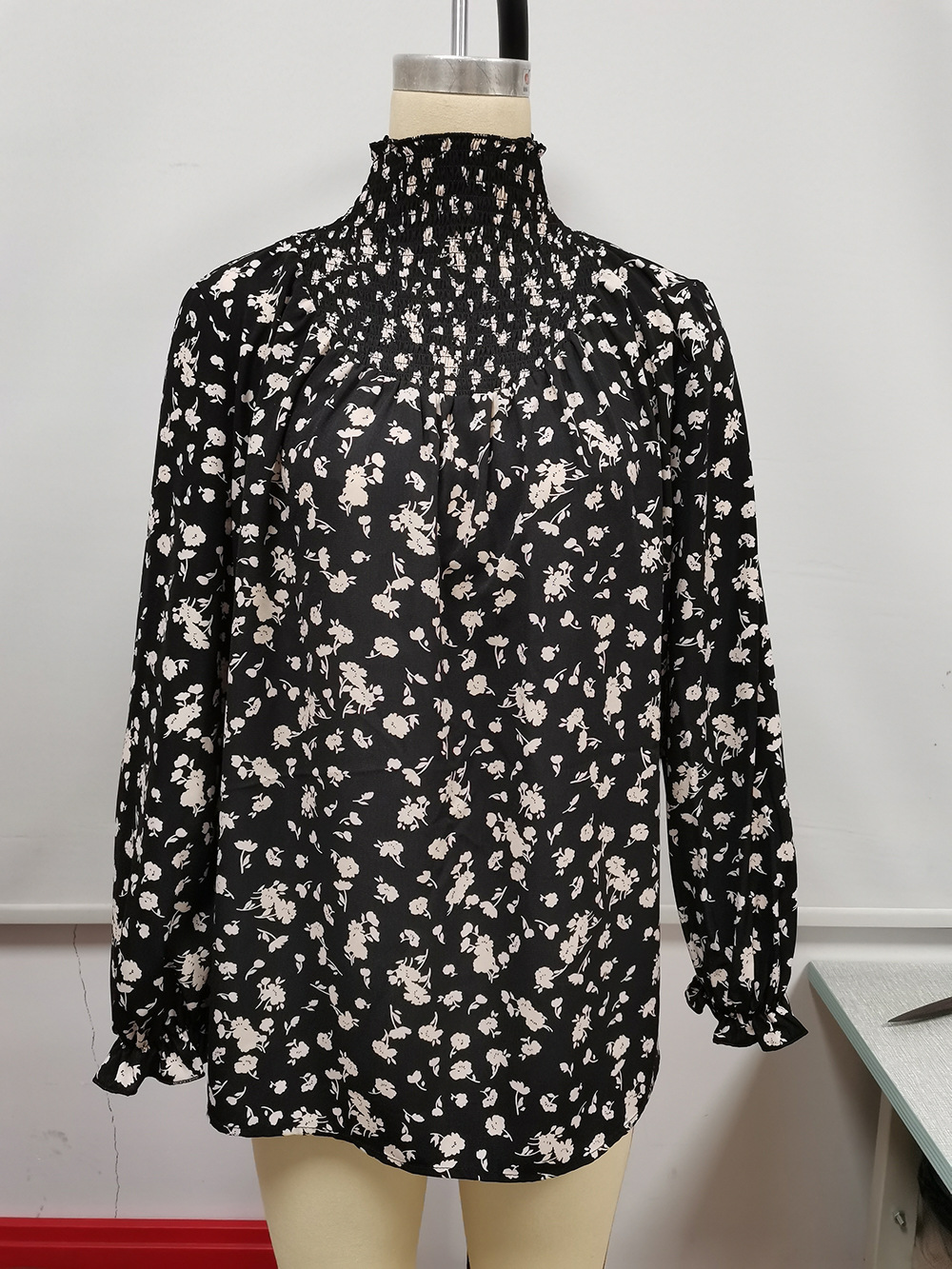 Title 12, High Neck Ruffle Sleeve Floral Sleeve Shirt