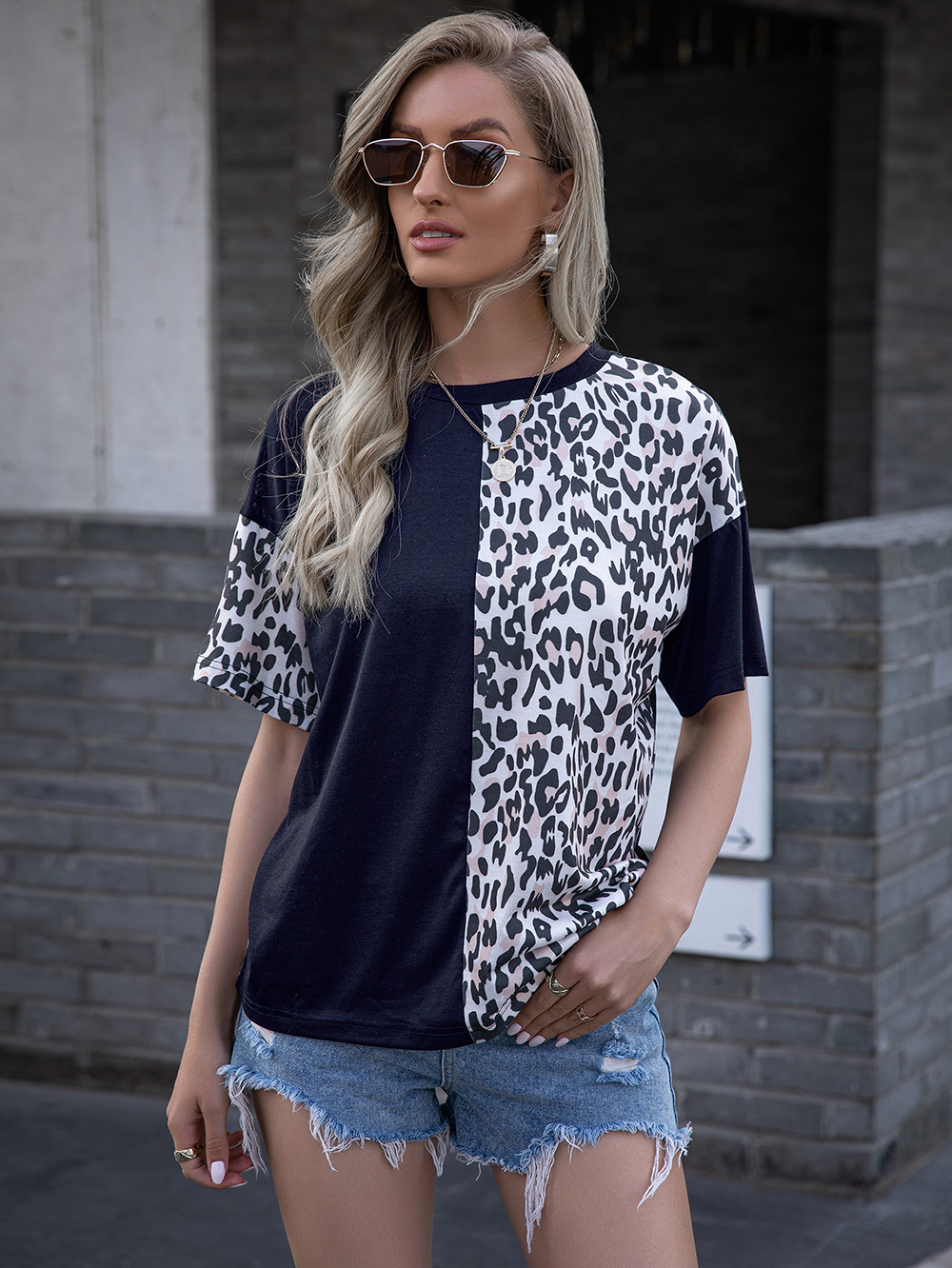 Title 5, Leopard Print Stitching Crew Neck Short Sleeve ...