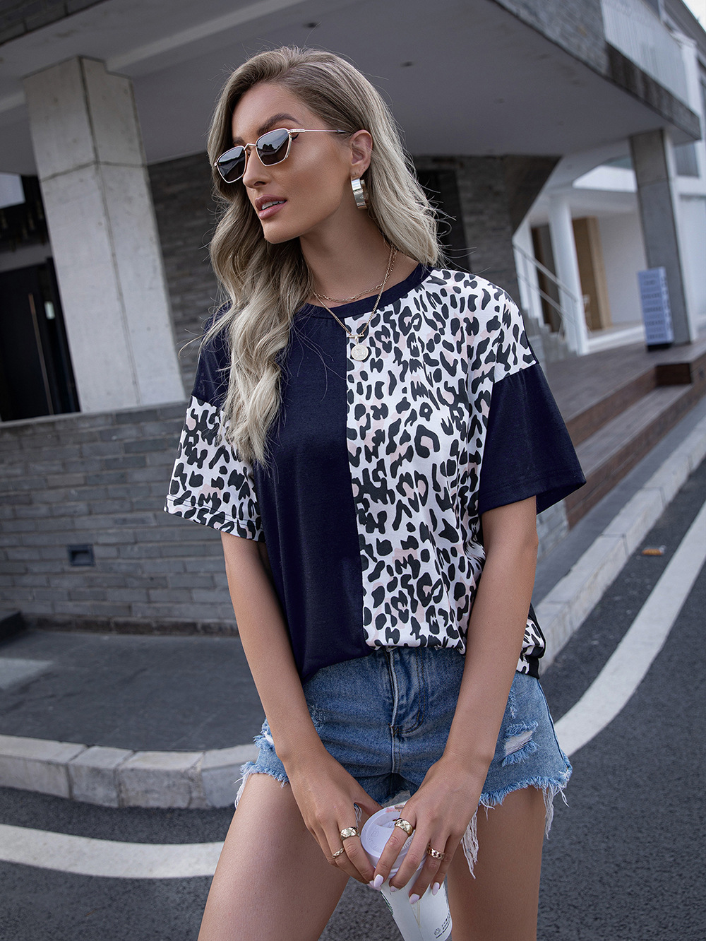 Title 6, Leopard Print Stitching Crew Neck Short Sleeve ...