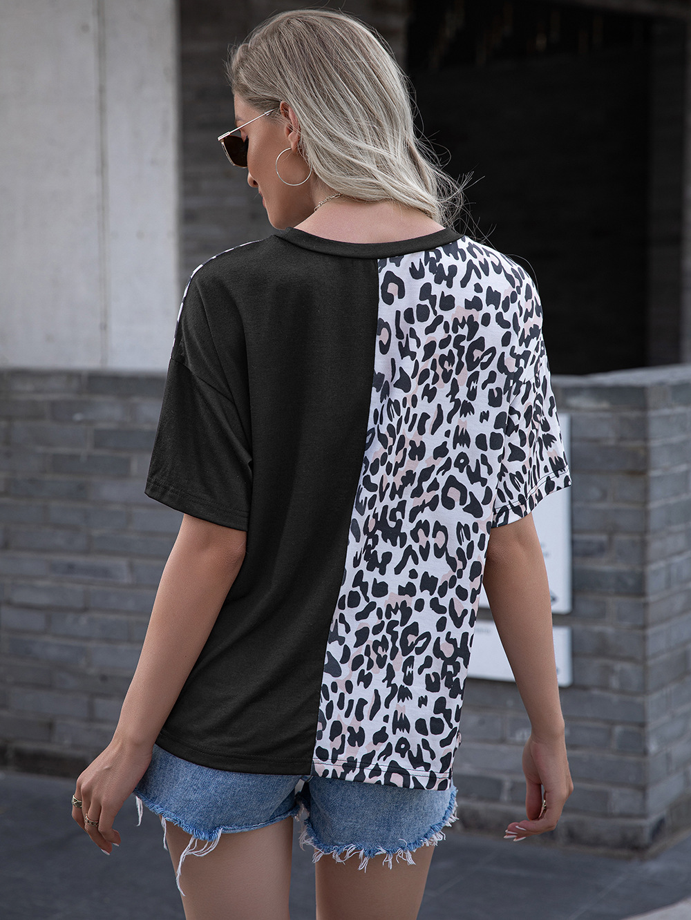 Title 8, Leopard Print Stitching Crew Neck Short Sleeve ...