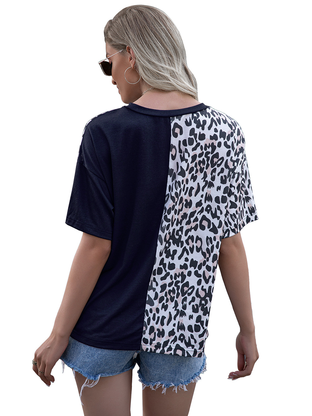 Title 18, Leopard Print Stitching Crew Neck Short Sleeve ...