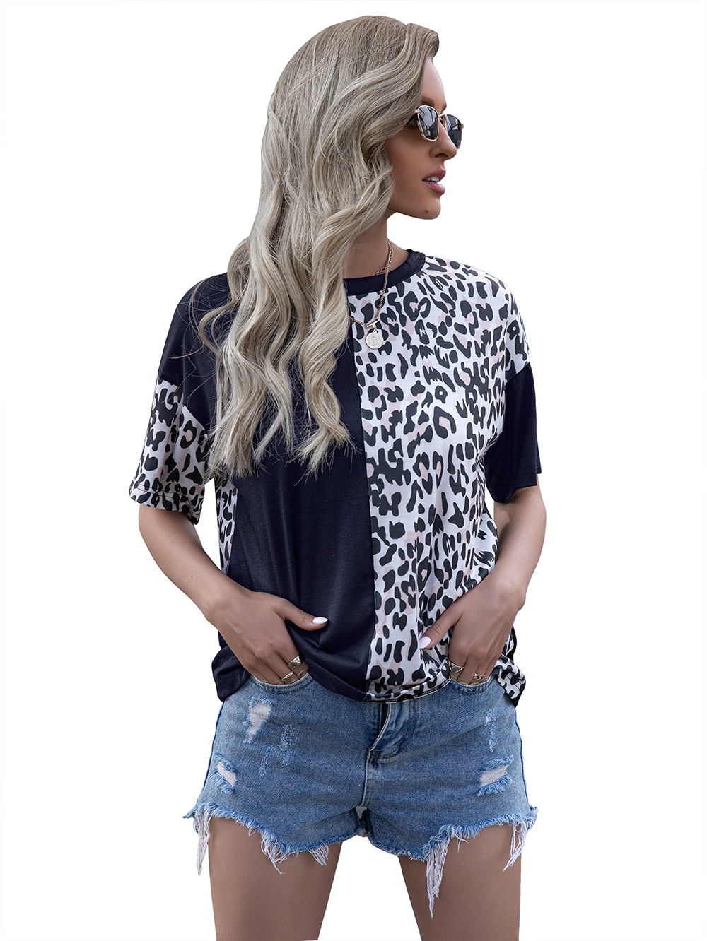 Title 19, Leopard Print Stitching Crew Neck Short Sleeve ...